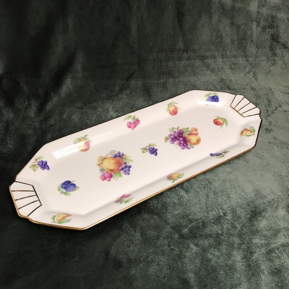 Lourlioux Le Faune Porcelain Serving Dish Long Rectangle Fruits Golden Trim - Picture 8 of 16